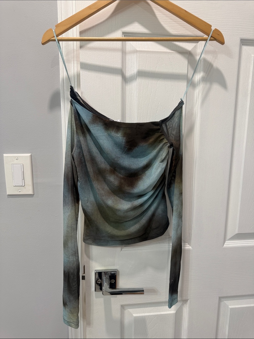 Bershka Blue Green Black Sheer Draped Long-Sleeve Top